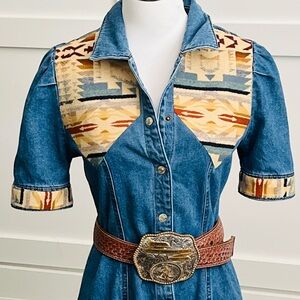 Denim Shirtdress with Southwestern Wool Aztec Pattern